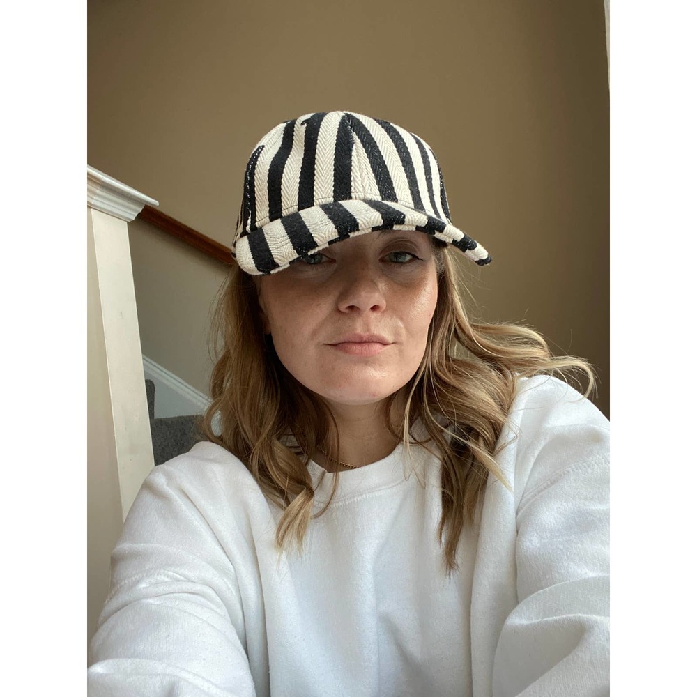 Tan/Black striped burlap hat, adjustable OSFM